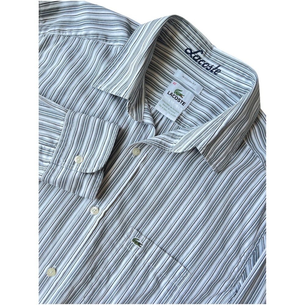 Lacoste Shirt Mens 40 Black Gray Stripe Cotton Long Sleeve Modern Fit Crocodile